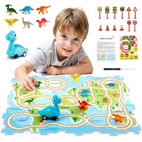 Puzzle Racer Kids Car Track Set: Unique World Map Floor Puzzles with Vehicles, Dinosaur Railcar Puzzle Playset, STEM Educational Toys for Kids Birthday Gifts for 3 4 5 6 Year Old Boys and Girls