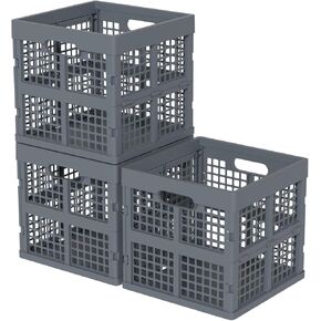 18 L Plastic Collapsible Crates, Gray Stackable Plastic Milk Crate, 3 Pack