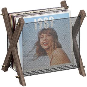 Vinyl Record Storage, Vintage Record Holder Fits 7" -12" Albums, Rustic Record Stand Holds up to 40+ Records, Wooden Crate for Vinyl Display, Magazine, Books