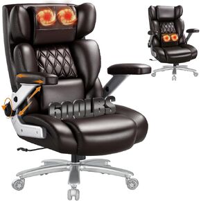 600lbs Big and Tall Office Chair with 3D Kneading Heated Massage,Comfy Heavy Duty Executive Office Desk Chair with 5D Flip Arms for Heavy People,High Back Computer Chair,Metal Base,Spring Cushion