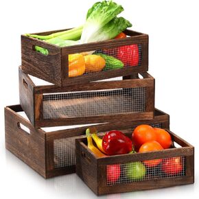 4 Pcs Wooden Nesting Countertop Baskets 4 Size Wooden Storage Box with Handle and Metal Wire Multipurpose Wood Organizer Crate for Fruit Vegetable Kitchen Cabinet Bathroom(White,Small)