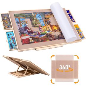 36" X 25" Rotating & Adjustable Puzzle Board Easel,Wooden Jigsaw Puzzle Table with 4 Sorting Drawers Tilted Angles Non-Slip Suede Surface for Up to 1,500 Pieces Puzzles with PP Cover