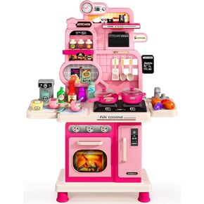 Kids Play Kitchen Set, Toddler Kitchen Playset with Light & Sound, Cooking Stove, Play Sink, Coffee Maker, Play Food Toy and Kitchen Accessories, Kitchen Toy for Kids Girls Boys 1-3 - Pink