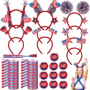40 Pcs 4th of July Accessories 10 USA Flag Patriotic Headband 10 USA Freedom Badges 20 Let Freedom Reign Ribbon Bracelets for Independence Day Parade Celebration Fourth of July Party Supplies