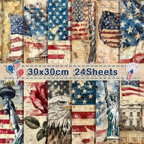 24 Sheets Retro Patriotic Scrapbook Paper, 12'' x 12'' Red Blue Stars Stripes Patterns Decorative Craft Paper Folded Flat for 4th of July Card Making Scrapbook Veteran's Day Photo Album Decor
