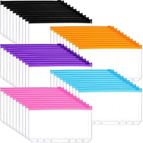 Leinuosen 50 Pcs Transparent Zip Envelope Plastic Envelopes Pocket Pencil Case Reusable File Bill Document Bag Matching A6 Sheets for Office School Supplies(Bright Colors)