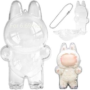 Clear Protective Case Compatible with Labubu The Monsters Exciting Macaron,with Nylon Rope Buckle&Hard Box+Double-Sided Tape 1-Set（NOT Included Doll