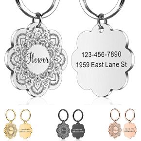 Personlized Dog Tags for Pets Customized Dog Name Tags Flower Shape Stainless Steel Pet ID Tag Dog Collar with Name Plate for Small Large Dogs Cats Pet Accessories Engraved Dog Tag on Both Sides