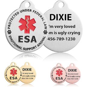 Custom Engraved Emotional Support Animal (ESA) and Service Dog & Cat ID Tag, Customized Info Engraved on Stainless Steel Tag for Therapy Pets, Personalized Laser Engraved Dog Collar Tag