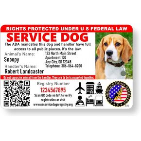 Just 4 Paws Custom Service Dog ID Card with QR Code & Security Seal and Optional Holograph | Registration to U S Service Dogs Registry Plus ID Holder & Digital ID - Landscape Style