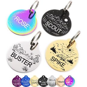 GoTags Stainless Steel Pet ID Tags, Personalized Dog Tags and Cat Tags, up to 5 Lines of Custom Text, Collar Charm Engraved on Both Sides with Designs in Silver, Gold, Black and More (Round, Regular)