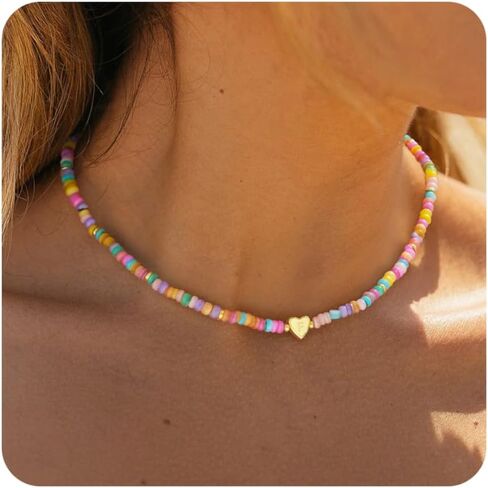Initial Necklaces for Women Trendy,14k Gold Plated A-Z Personized Custom Heart Letter Pendant Colorful Boho Bead Necklace Dainty Gold Necklace Summer Jewelry for Birthday Gift in Saudi Arabia
