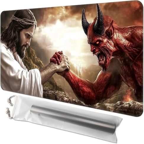 Card Game Playmat for MTG & TCG, 24x14 inch Non-Slip Magic Playmat, Durable Rubber Surface, Ideal for Card Games & Board Games, Portable with Storage Bag, Jesus and Devil in Kuwait