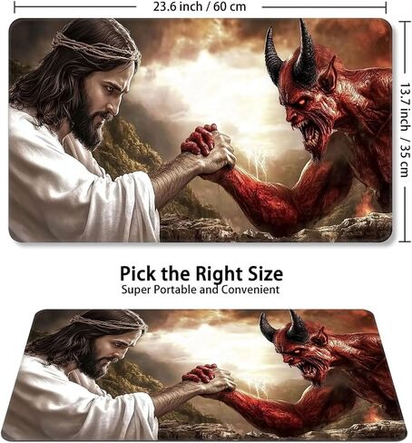 Card Game Playmat for MTG & TCG, 24x14 inch Non-Slip Magic Playmat, Durable Rubber Surface, Ideal for Card Games & Board Games, Portable with Storage Bag, Jesus and Devil in Kuwait