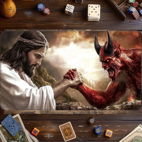 Card Game Playmat for MTG & TCG, 24x14 inch Non-Slip Magic Playmat, Durable Rubber Surface, Ideal for Card Games & Board Games, Portable with Storage Bag, Jesus and Devil in Kuwait