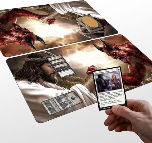 Card Game Playmat for MTG & TCG, 24x14 inch Non-Slip Magic Playmat, Durable Rubber Surface, Ideal for Card Games & Board Games, Portable with Storage Bag, Jesus and Devil in Kuwait