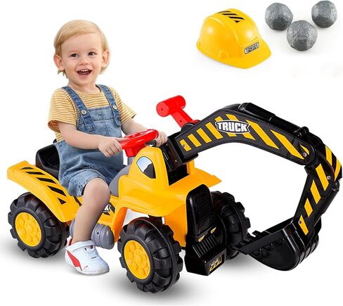 HONEY JOY Ride on Excavator, No Power Ride on Construction Vehicles for Kids, Helmet, 3 Toy Rocks, Adjustable Digger, Horn, Ride On Loader, Bulldozer Ride on Toy, Gift for Boys Girls in Saudi Arabia