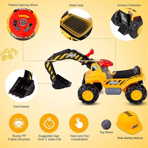 HONEY JOY Ride on Excavator, No Power Ride on Construction Vehicles for Kids, Helmet, 3 Toy Rocks, Adjustable Digger, Horn, Ride On Loader, Bulldozer Ride on Toy, Gift for Boys Girls in Saudi Arabia