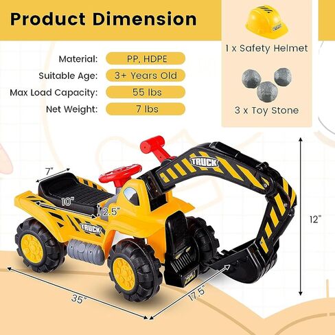 HONEY JOY Ride on Excavator, No Power Ride on Construction Vehicles for Kids, Helmet, 3 Toy Rocks, Adjustable Digger, Horn, Ride On Loader, Bulldozer Ride on Toy, Gift for Boys Girls in Saudi Arabia