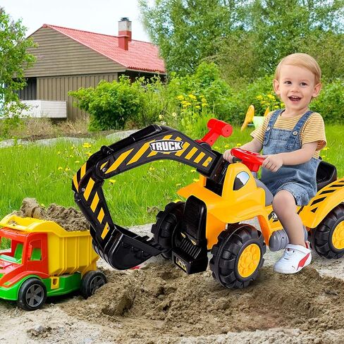 HONEY JOY Ride on Excavator, No Power Ride on Construction Vehicles for Kids, Helmet, 3 Toy Rocks, Adjustable Digger, Horn, Ride On Loader, Bulldozer Ride on Toy, Gift for Boys Girls in Saudi Arabia
