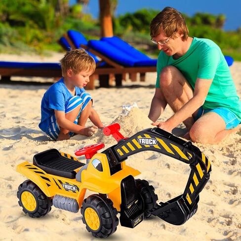 HONEY JOY Ride on Excavator, No Power Ride on Construction Vehicles for Kids, Helmet, 3 Toy Rocks, Adjustable Digger, Horn, Ride On Loader, Bulldozer Ride on Toy, Gift for Boys Girls in Saudi Arabia