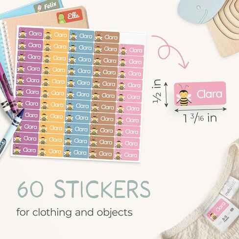 Personalized Name Labels for Kids, Clothing & Items (60), Custom Daycare Labels and School, Waterproof Name Tag Stickers (1.2" x 0.5") - Color Mix in Saudi Arabia