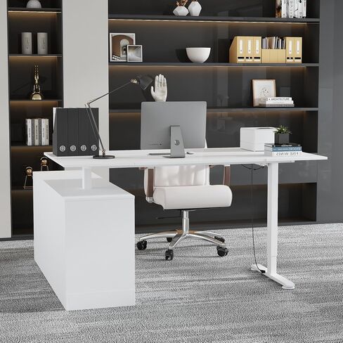 Hitow L على شكل مكتب دائم ، قابل للتعديل ، 63 "W Electric Sit Stand Desk مع أدراج وخزانة تخزين ، محطة عمل كمبيوتر طاولة المكاتب المنزلية القابلة للانعكاس ، الأسود الحديث (29.1" -44 "H) in Kuwait