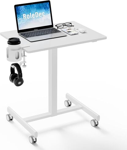 Adjustable Standing Desk, Small Portable Desk with Lockable Wheels, Cup Holder for Rolling Cart, Sit to Stand Table - Computer Workstations for Home Office(Pearl White) in Saudi Arabia