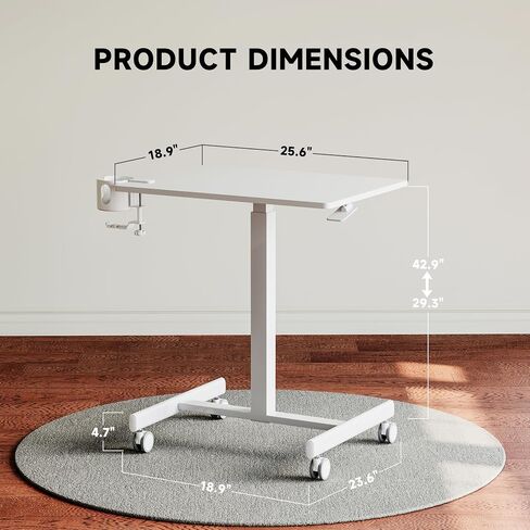 Adjustable Standing Desk, Small Portable Desk with Lockable Wheels, Cup Holder for Rolling Cart, Sit to Stand Table - Computer Workstations for Home Office(Pearl White) in Saudi Arabia