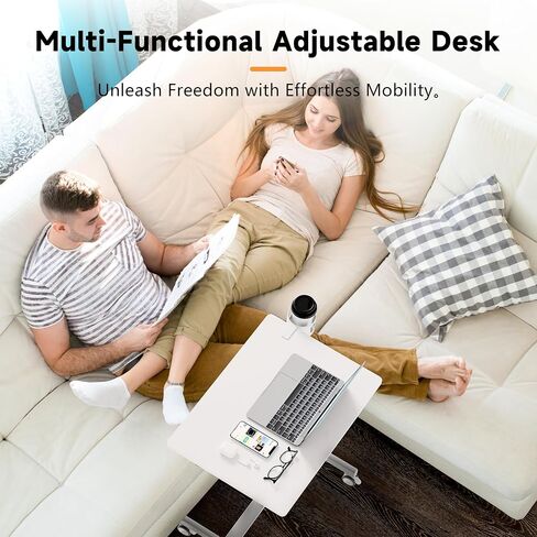 Adjustable Standing Desk, Small Portable Desk with Lockable Wheels, Cup Holder for Rolling Cart, Sit to Stand Table - Computer Workstations for Home Office(Pearl White) in Saudi Arabia