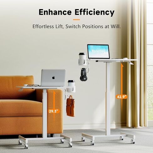 Adjustable Standing Desk, Small Portable Desk with Lockable Wheels, Cup Holder for Rolling Cart, Sit to Stand Table - Computer Workstations for Home Office(Pearl White) in Saudi Arabia