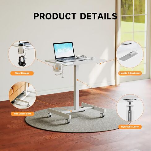 Adjustable Standing Desk, Small Portable Desk with Lockable Wheels, Cup Holder for Rolling Cart, Sit to Stand Table - Computer Workstations for Home Office(Pearl White) in Saudi Arabia