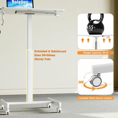 Adjustable Standing Desk, Small Portable Desk with Lockable Wheels, Cup Holder for Rolling Cart, Sit to Stand Table - Computer Workstations for Home Office(Pearl White) in Saudi Arabia