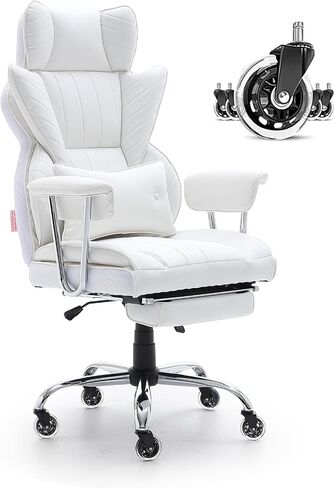 VEVOR Reclining Office Chair with Footrest, Heavy Duty PU Leather Wide Office Chair, Big and Tall Executive Office Chairs with Lumbar Support, Strong Metal Base Quiet Wheels, White in Saudi Arabia
