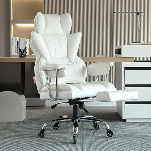 VEVOR Reclining Office Chair with Footrest, Heavy Duty PU Leather Wide Office Chair, Big and Tall Executive Office Chairs with Lumbar Support, Strong Metal Base Quiet Wheels, White in Saudi Arabia