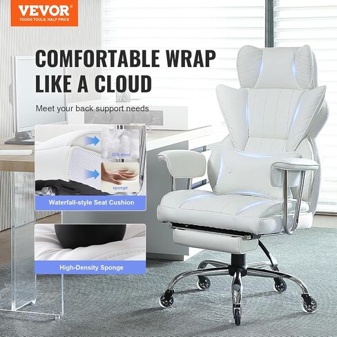 VEVOR Reclining Office Chair with Footrest, Heavy Duty PU Leather Wide Office Chair, Big and Tall Executive Office Chairs with Lumbar Support, Strong Metal Base Quiet Wheels, White in Saudi Arabia
