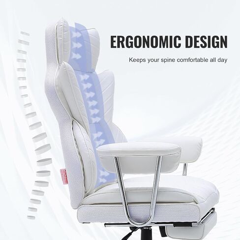 VEVOR Reclining Office Chair with Footrest, Heavy Duty PU Leather Wide Office Chair, Big and Tall Executive Office Chairs with Lumbar Support, Strong Metal Base Quiet Wheels, White in Saudi Arabia