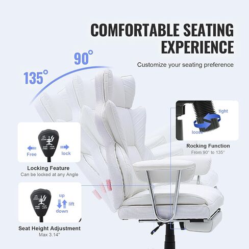 VEVOR Reclining Office Chair with Footrest, Heavy Duty PU Leather Wide Office Chair, Big and Tall Executive Office Chairs with Lumbar Support, Strong Metal Base Quiet Wheels, White in Saudi Arabia