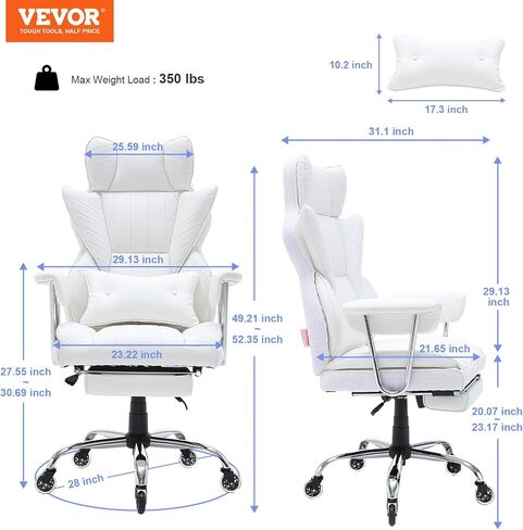 VEVOR Reclining Office Chair with Footrest, Heavy Duty PU Leather Wide Office Chair, Big and Tall Executive Office Chairs with Lumbar Support, Strong Metal Base Quiet Wheels, White in Saudi Arabia