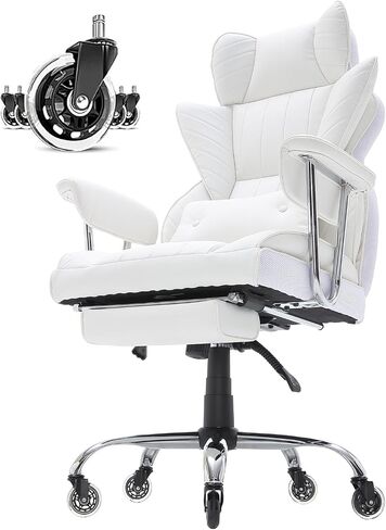 VEVOR Reclining Office Chair with Footrest, Heavy Duty PU Leather Wide Office Chair, Big and Tall Executive Office Chairs with Lumbar Support, Strong Metal Base Quiet Wheels, White in Saudi Arabia
