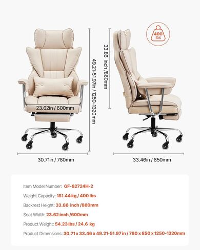 VEVOR Reclining Office Chair with Footrest, Heavy Duty PU Leather Wide Office Chair, Big and Tall Executive Office Chairs with Lumbar Support, Strong Metal Base Quiet Wheels, White in Saudi Arabia