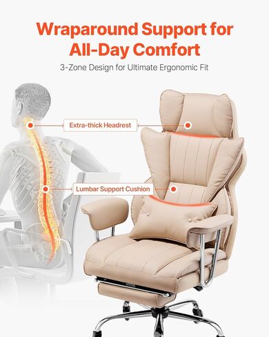 VEVOR Reclining Office Chair with Footrest, Heavy Duty PU Leather Wide Office Chair, Big and Tall Executive Office Chairs with Lumbar Support, Strong Metal Base Quiet Wheels, White in Saudi Arabia
