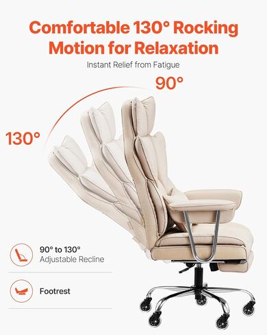 VEVOR Reclining Office Chair with Footrest, Heavy Duty PU Leather Wide Office Chair, Big and Tall Executive Office Chairs with Lumbar Support, Strong Metal Base Quiet Wheels, White in Saudi Arabia