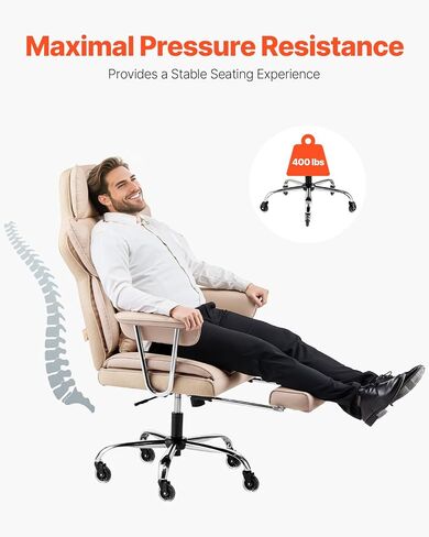 VEVOR Reclining Office Chair with Footrest, Heavy Duty PU Leather Wide Office Chair, Big and Tall Executive Office Chairs with Lumbar Support, Strong Metal Base Quiet Wheels, White in Saudi Arabia