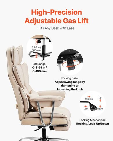 VEVOR Reclining Office Chair with Footrest, Heavy Duty PU Leather Wide Office Chair, Big and Tall Executive Office Chairs with Lumbar Support, Strong Metal Base Quiet Wheels, White in Saudi Arabia