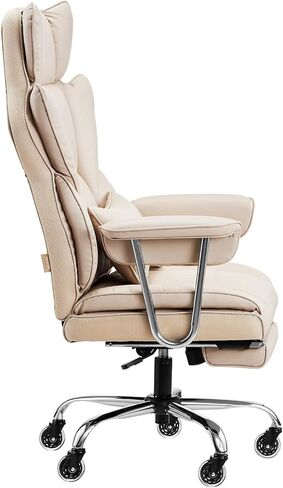 VEVOR Reclining Office Chair with Footrest, Heavy Duty PU Leather Wide Office Chair, Big and Tall Executive Office Chairs with Lumbar Support, Strong Metal Base Quiet Wheels, White in Saudi Arabia