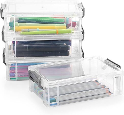 BTSKY 4 Pack Extra Large Plastic Pencil Box Stackable Translucent Clear Pencil Caase Crayon Box Set, Marker Organizer Art Supply Storage Organizer for Gel Pens Pencils Erasers Tape Markers etc(Grey) in Saudi Arabia