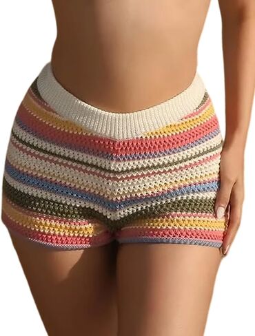 شورت نسائي محبوك مخطط Y2K، عالي الخصر، قصير، صيفي، مرن بألوان قوس قزح in Kuwait