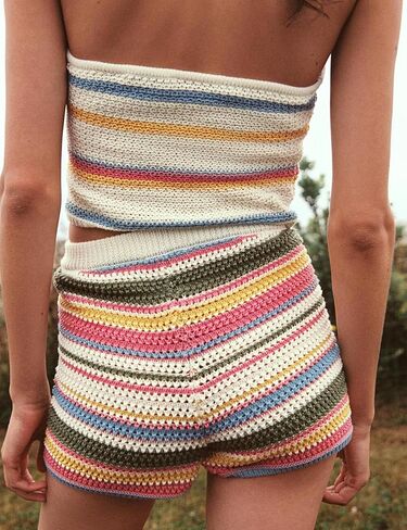 شورت نسائي محبوك مخطط Y2K، عالي الخصر، قصير، صيفي، مرن بألوان قوس قزح in Kuwait