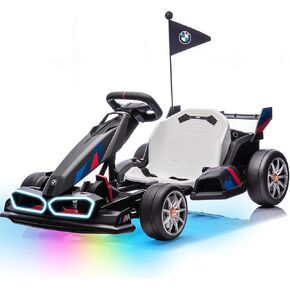 Electric Go Kart with Adjustable Seat, 24V Licensed BMW Drift Kart with Dual 200W Motors, Crazy Go Cart for Kids Ages 6-12, LED Lights, Drift Mode and 2 Speed (White, 24V)
